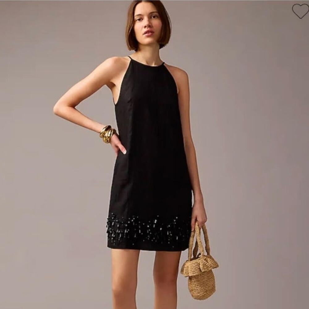 NWT J. Crew Collection Women's Beaded Black Linen Mini Dress Demure M